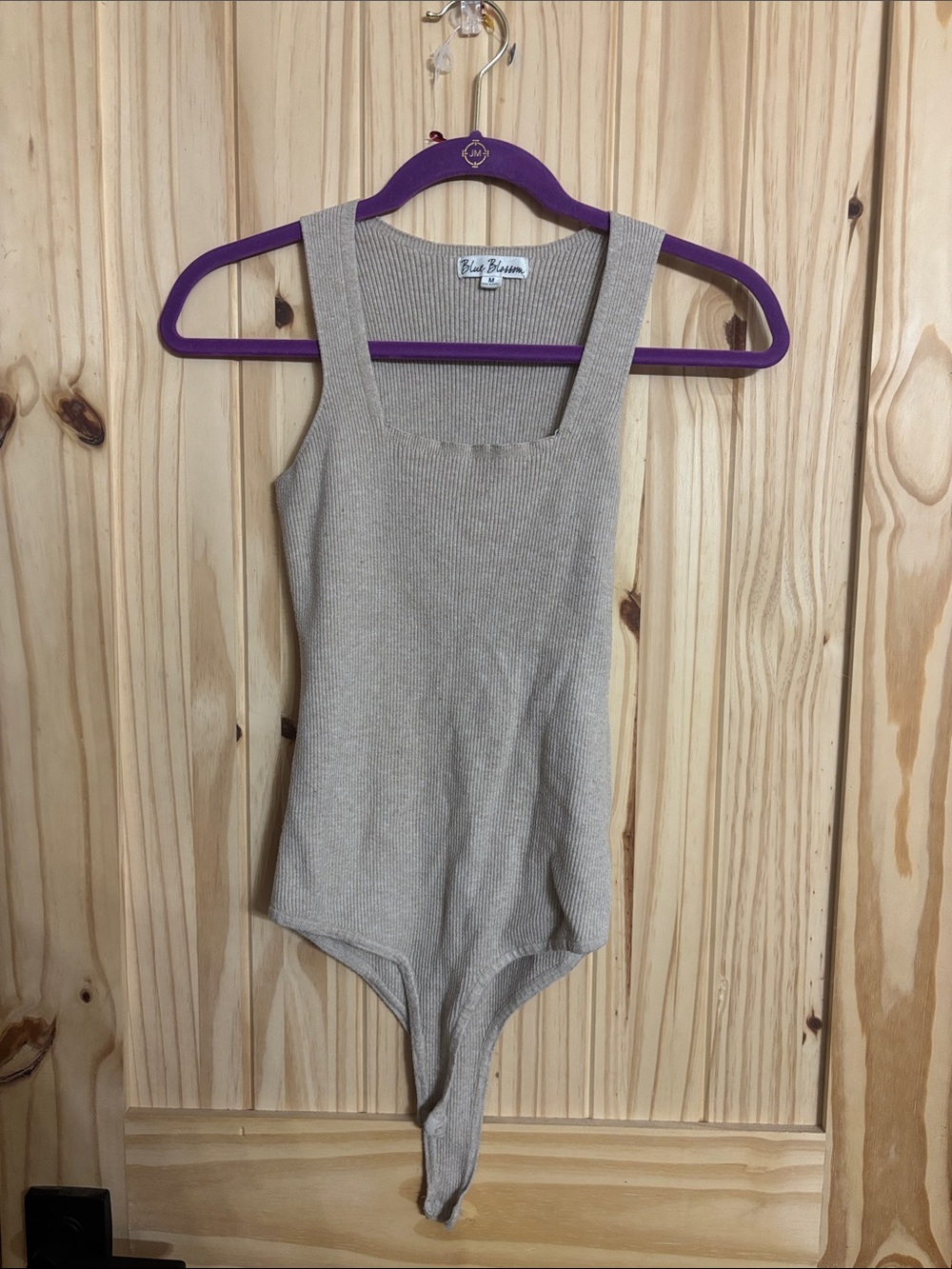 Blue Blush Ribbed Square Neck Bodysuit in Taupe